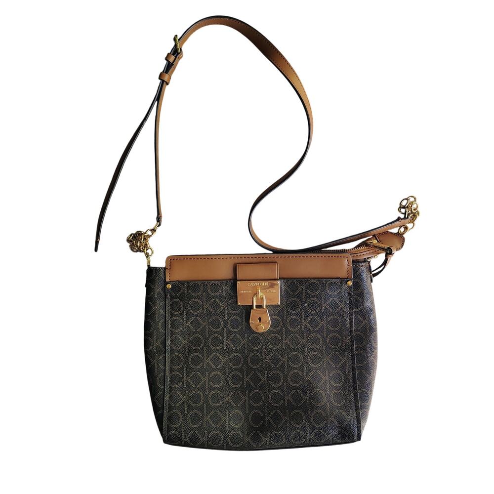 Calvin Klein Monogram Shoulder Bag with Tan Leather Flap & Gold Clasp
